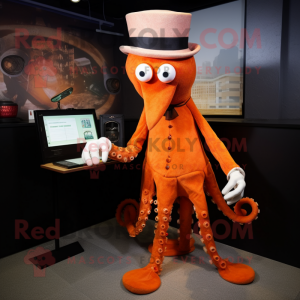 Orange Octopus mascot costume character dressed with a Suit and Shawl pins