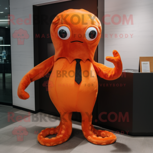Orange Octopus mascot costume character dressed with a Suit and Shawl pins
