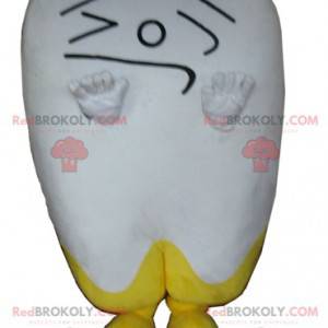 Giant white and yellow tooth mascot making a face -