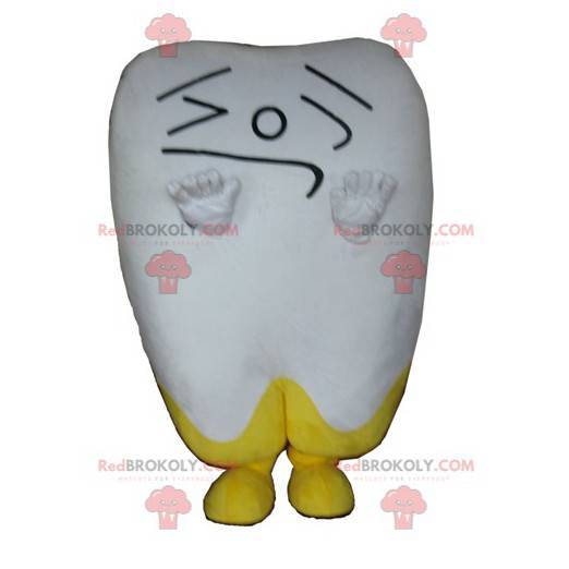 Giant white and yellow tooth mascot making a face -