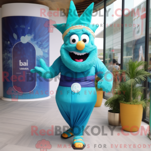 Maskotkarakter af en cyan...