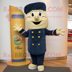 Navy Pesto Pasta mascot costume character dressed with a Capri Pants and Foot pads