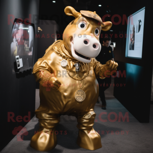 Gold Hereford Cow mascot costume character dressed with a Cargo Pants and Rings