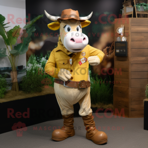 Gold Hereford Cow mascot costume character dressed with a Cargo Pants and Rings