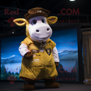 Gold Hereford Cow mascot costume character dressed with a Cargo Pants and Rings