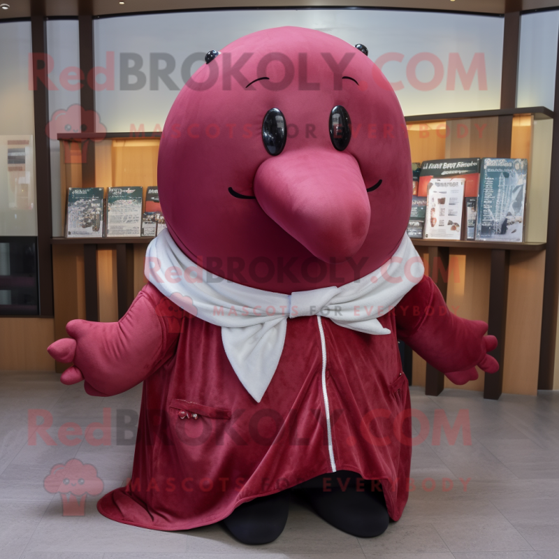 Maroon Whale mascot costume character dressed with a Blouse and Shawl pins