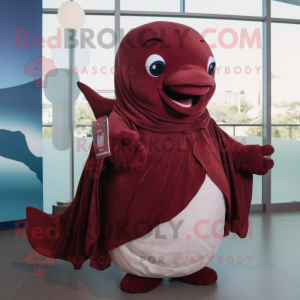 Maroon Whale mascot costume character dressed with a Blouse and Shawl pins
