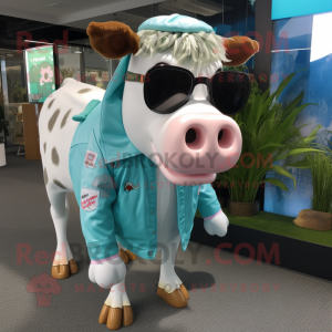 Cyan Hereford Cow mascot costume character dressed with a Parka and Eyeglasses