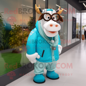 Cyan Hereford Cow mascot costume character dressed with a Parka and Eyeglasses