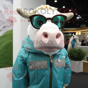 Cyan Hereford Cow mascot costume character dressed with a Parka and Eyeglasses