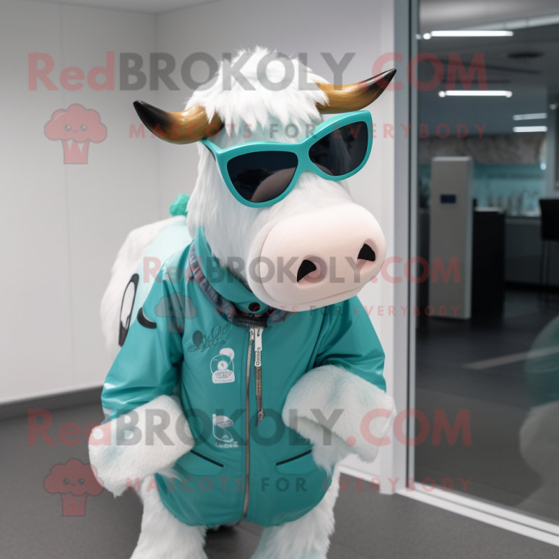 Cyan Hereford Cow mascot costume character dressed with a Parka and Eyeglasses Cyan Hereford Cow mascot costume character dressed with a Parka and Eyeglasses