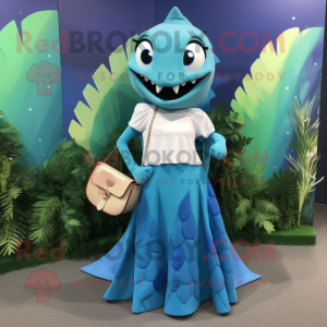 Cyan Barracuda mascot costume character dressed with a Maxi Skirt and Clutch bags