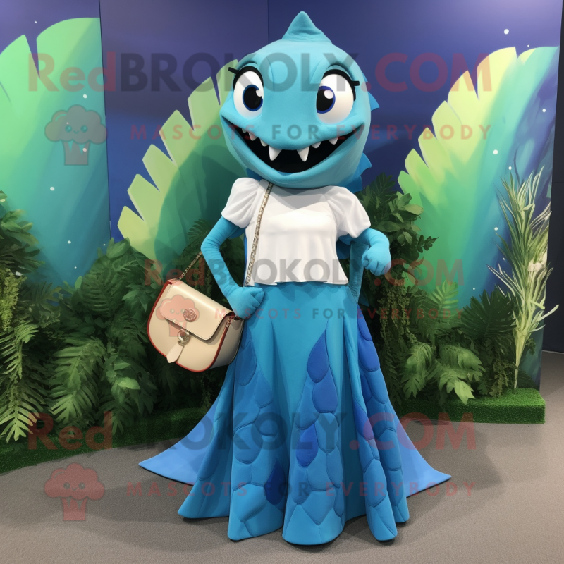 Cyan Barracuda mascot costume character dressed with a Maxi Skirt and Clutch bags Cyan Barracuda mascot costume character dressed with a Maxi Skirt and Clutch bags