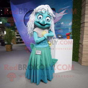 Cyan Barracuda mascot costume character dressed with a Maxi Skirt and Clutch bags