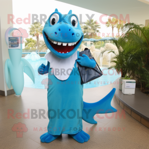 Cyan Barracuda mascot costume character dressed with a Maxi Skirt and Clutch bags
