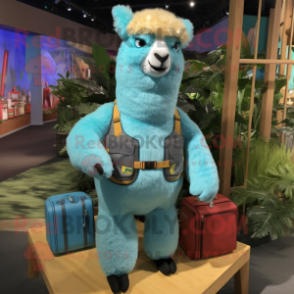 Turquoise Alpaca mascot costume character dressed with a Cargo Shorts and Belts