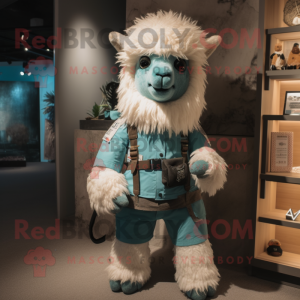Turquoise Alpaca mascot costume character dressed with a Cargo Shorts and Belts