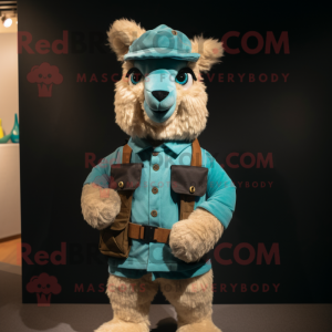 Turquoise Alpaca mascot costume character dressed with a Cargo Shorts and Belts