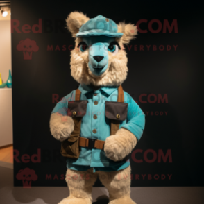 Turquoise Alpaca mascot costume character dressed with a Cargo Shorts and Belts