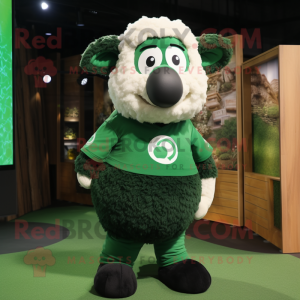 Forest Green Merino Sheep mascot costume character dressed with a Graphic Tee and Foot pads