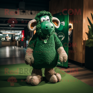 Forest Green Merino Sheep mascot costume character dressed with a Graphic Tee and Foot pads