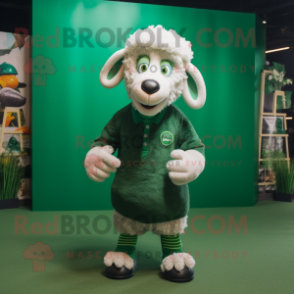 Forest Green Merino Sheep mascot costume character dressed with a Graphic Tee and Foot pads