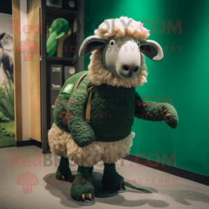 Forest Green Merino Sheep mascot costume character dressed with a Graphic Tee and Foot pads