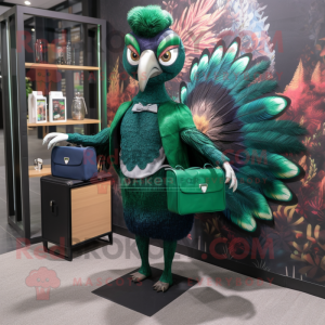 Forest Green Peacock mascot costume character dressed with a Mini Skirt and Briefcases