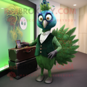 Forest Green Peacock mascot costume character dressed with a Mini Skirt and Briefcases