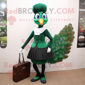 Forest Green Peacock mascot costume character dressed with a Mini Skirt and Briefcases