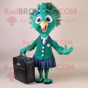 Forest Green Peacock mascot costume character dressed with a Mini Skirt and Briefcases