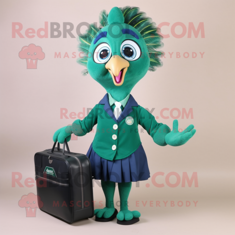 Forest Green Peacock mascot costume character dressed with a Mini Skirt and Briefcases Forest Green Peacock mascot costume character dressed with a Mini Skirt and Briefcases