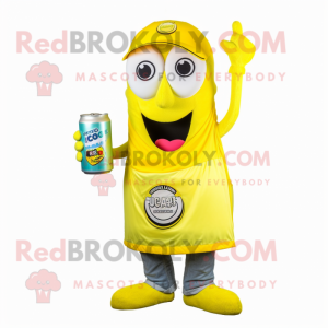 Yellow Soda Can mascot costume character dressed with a Cargo Shorts and Scarf clips