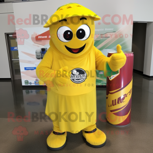 Yellow Soda Can mascot costume character dressed with a Cargo Shorts and Scarf clips