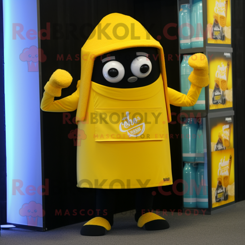 Yellow Soda Can mascot costume character dressed with a Cargo Shorts and Scarf clips Yellow Soda Can mascot costume character dressed with a Cargo Shorts and Scarf clips