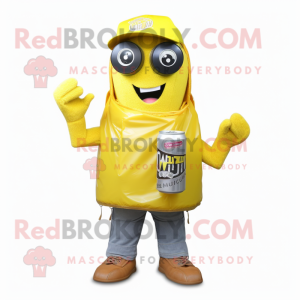 Yellow Soda Can mascot costume character dressed with a Cargo Shorts and Scarf clips