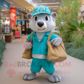 Turquoise Badger mascot costume character dressed with a Cargo Pants and Tote bags