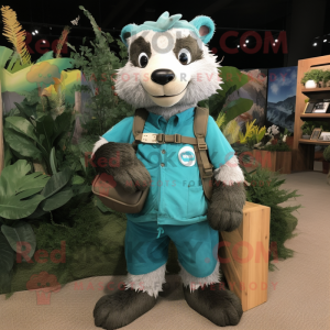 Turquoise Badger mascot costume character dressed with a Cargo Pants and Tote bags