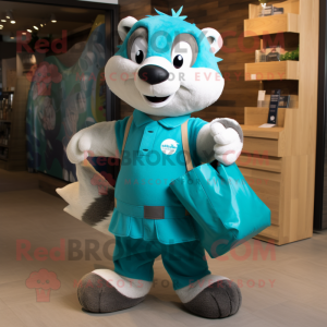 Turquoise Badger mascot costume character dressed with a Cargo Pants and Tote bags