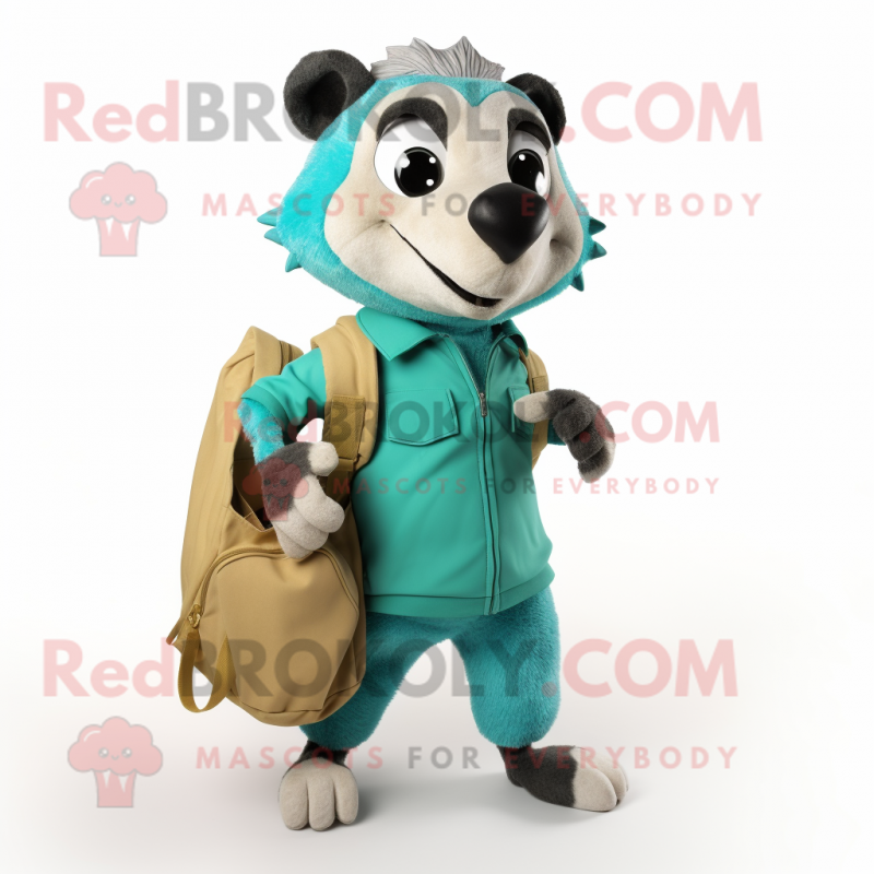 Turquoise Badger mascot costume character dressed with a Cargo Pants and Tote bags