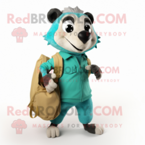 Turquoise Badger mascot costume character dressed with a Cargo Pants and Tote bags