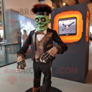 Rust Frankenstein mascot costume character dressed with a Tuxedo and Smartwatches