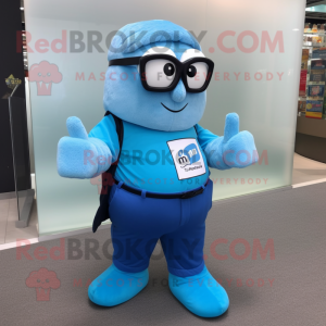 Blue Superhero mascot costume character dressed with a Cargo Shorts and Reading glasses