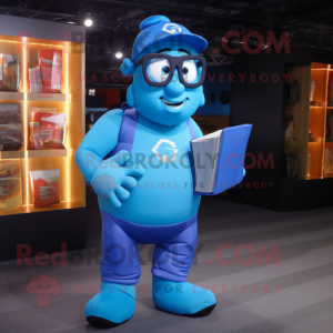 Blue Superhero mascot costume character dressed with a Cargo Shorts and Reading glasses