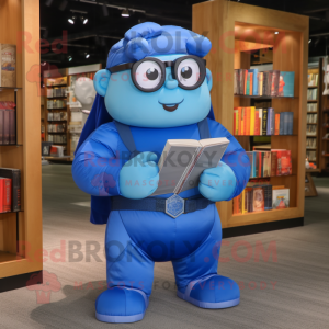 Blue Superhero mascot costume character dressed with a Cargo Shorts and Reading glasses