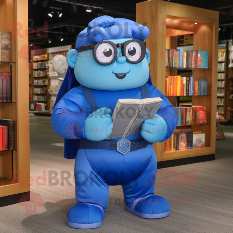 Blue Superhero mascot costume character dressed with a Cargo Shorts and Reading glasses