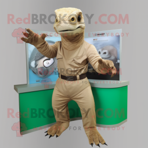 Beige Komodo Dragon mascot costume character dressed with a V-Neck Tee and Gloves