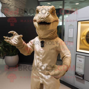 Beige Komodo Dragon mascot costume character dressed with a V-Neck Tee and Gloves