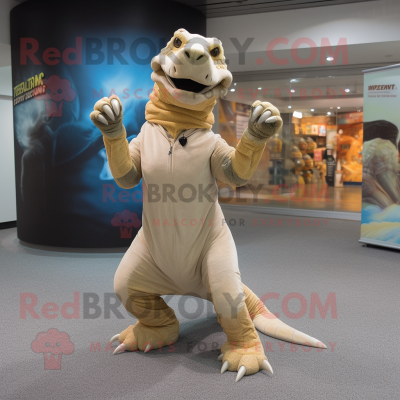 Beige Komodo Dragon mascot costume character dressed with a V-Neck Tee and Gloves