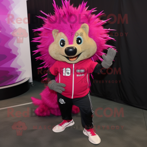 Magenta Porcupine mascot costume character dressed with a Leggings and Shoe clips